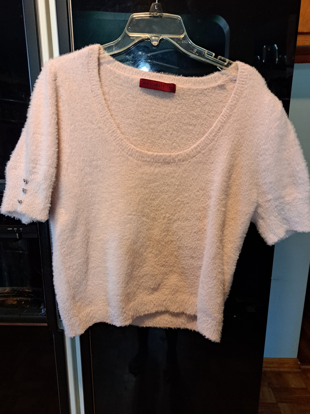 Love Scarlett Pale Pink Fuzzy Scoop-Neck Short Sleeve Sweater